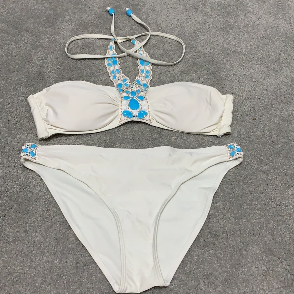 White and Blue Jeweled Bikini
